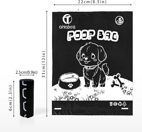 AiTodos® 600PCS Bolsas Caca Perro, Negro - Bolsas Excrementos Perros - Adecuado Salir de Casa, 31 * 22CM, Polietileno-Material, Portátil (40 Rollos, 15 por Rollo) -Poop Bags