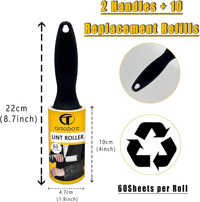 AiTodos® 600 Hojas Rodillo Quitapelusas, 10 Rollos + 2 Mangos para Eliminar Pelos de Ropa, Sofás, Pelos de Gato, Pelos de Perro y Alfombras (60 Hojas/Rollo) Rodillo Quitapelos Mascotas