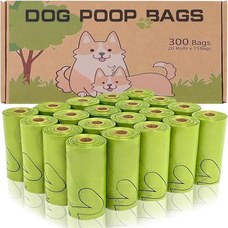 AiTodos® 300 Bolsas para Caca, PET Almidón de Maíz Mixto, Polietileno + Material de Almidón de Maíz Bolsas para Caca Semibiodegradables - 31 x 23 cm - Verde (20 Rollos, 15 Paquetes Cada Uno)