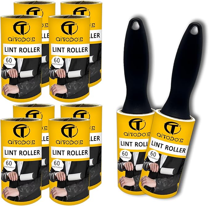 AiTodos® 600 Hojas Rodillo Quitapelusas, 10 Rollos + 2 Mangos para Eliminar Pelos de Ropa, Sofás, Pelos de Gato, Pelos de Perro y Alfombras (60 Hojas/Rollo) Rodillo Quitapelos Mascotas